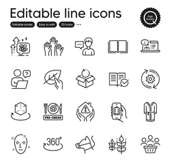 Set of Business outline icons. Contains icons as Stress grows, Health skin and Online question elements. Online documentation, Gluten free, Baggage app web signs. Return package. Vector