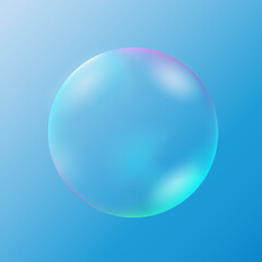 Transparent realistic soap bubble on a light blue gradient background. The element of soap foam, bath foam, washing liquid. Vector illustration.