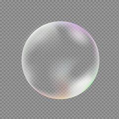 Transparent realistic soap bubble on a gray background. The element of soap foam, bath foam, washing liquid. Vector illustration.