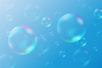 Flying transparent soap bubbles isolated on a light blue gradient background. Realistic soap bubble, glare. Foam bubbles. Powder, soap, detergent.Vector illustration.