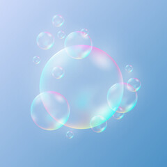 Flying transparent soap bubbles isolated on a light blue gradient background. Realistic soap bubble, glare. Foam bubbles. Powder, soap, detergent.Vector illustration.