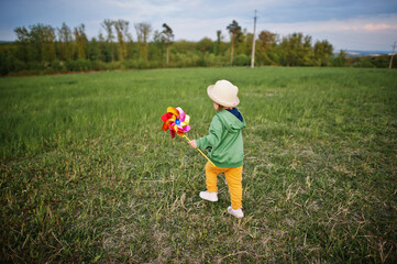 Babay girl with pinwheel at meadow.