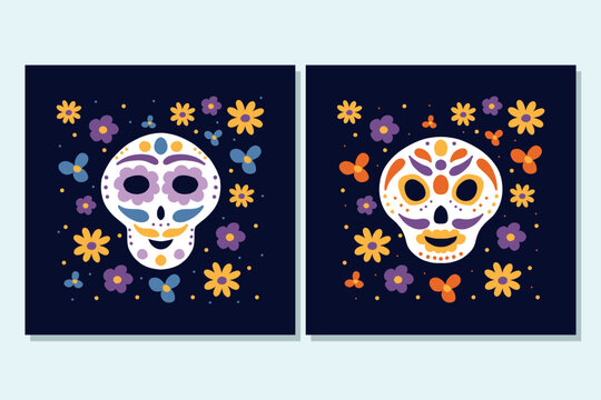 Set of posters with skulls for the day of the dead. Skulls with flowers. The day of the Dead. Mexican festival. Vector illustration.