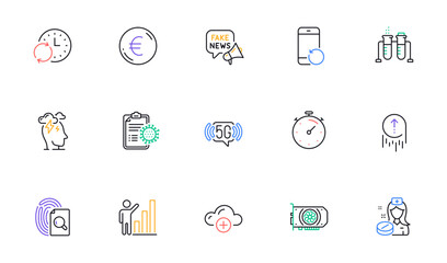 Swipe up, Gpu and Euro money line icons for website, printing. Collection of Coronavirus report, Timer, Stress icons. Recovery phone, Chemistry beaker, 5g wifi web elements. Nurse. Vector