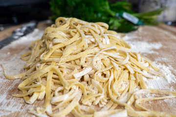 Homemade Freshly Rolled and Cut Fettucine Noodles (made from fresh dough)