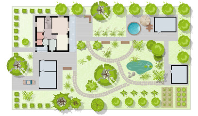 Top view landscape design plan with house, courtyard, lawn, garage. Highly detailed plan of country with modern cottage of villa with pond, pool. Vector illustration of Cityscape, Map of town, village © Volha