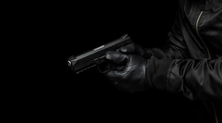 A man in a black jacket and black gloves holding a gun. Dark back.