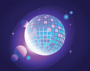Disco ball Vector icon. Mirror glitter disco ball. Cosmic. Psychedelic. Dj. Disco party banner. Retro music poster. 80s. 70s. Night Club.