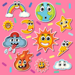 Naklejka premium Cute weather icons sticker seamless pattern