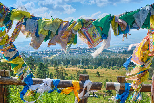 Traditional Buddhist prayer flags in the Rinpoche Bagsha datsan in Ulan-Ude city of the Republic of Buryatia, Russia.