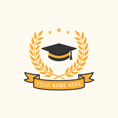 Graduation certificate with vector toga hat icon, ribbon, and laurel design illustrations