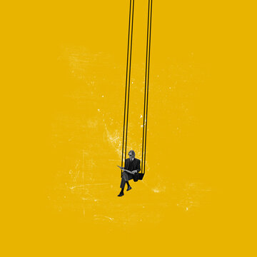 Contemporary art collage. Conceptual image. Young man sitting on swing and reading isolated on yellow background