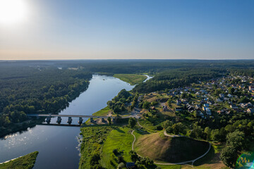 Aerial summer beautiful view of Merkinė mound, Lithuania