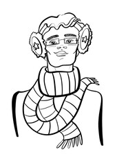 illustration contour line sketch cartoon style new year holiday male nerd in winter clothes and glasses image young IT specialist closeup