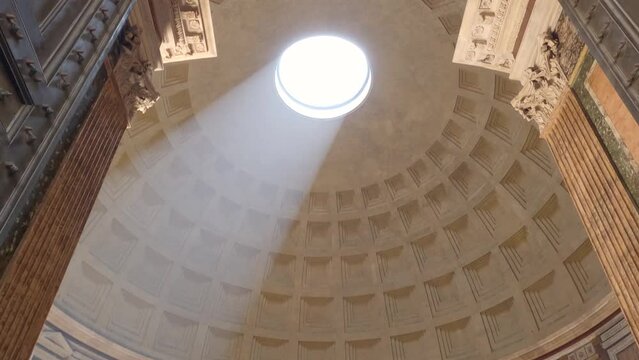 View of the Pantheon dome, oculus as a source of natural light, temple of the gods of ancient Rome