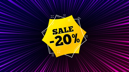 Sunburst ray beam banner. Sale 20 percent off sticker. Discount banner shape. Coupon bubble icon. Offer explosion background. Sun burst ray effect. Sale 20 percent badge. Vector