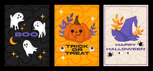 collection of cartoon halloween posters in 90s style. , hat, ghost, pumpkin, etc. retro halloween elements, trendy party invitation banner