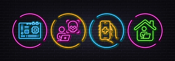 Cyber attack, Health app and Motherboard minimal line icons. Neon laser 3d lights. Work home icons. For web, application, printing. Ransomware risk, Healthcare phone, Computer component. Vector