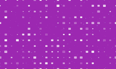 Seamless background pattern of evenly spaced white email symbols of different sizes and opacity. Vector illustration on purple background with stars