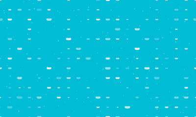 Seamless background pattern of evenly spaced white hotdog symbols of different sizes and opacity. Vector illustration on cyan background with stars