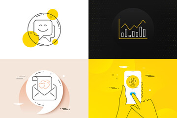 Minimal set of Love letter, Infochart and Smile face line icons. Phone screen, Quote banners. Quiz test icons. For web development. Valentine mail, Stock exchange, Chat. Interview. Vector