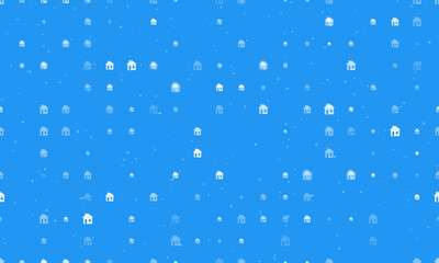 Seamless background pattern of evenly spaced white house symbols of different sizes and opacity. Vector illustration on blue background with stars