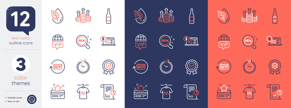 Set of Beer bottle, New products and Dry t-shirt line icons. Include Budget, Insurance medal, Report icons. Vip internet, Refund commission, Time web elements. Loyalty card. Vector