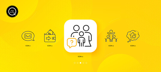 Fototapeta na wymiar Family questions, Ranking stars and Inclusion minimal line icons. Yellow abstract background. Wallet, Messenger icons. For web, application, printing. Family help, Winner award, Equity justice. Vector