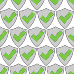 Obraz premium Shield with check mark icon seamless pattern. Vector illustration on a white background. Safety and security.