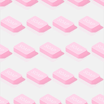 Vector pink wash toilet hand soap bar seamless pattern. Cleanliness and health concept. Isometric 3d icon illustration.
