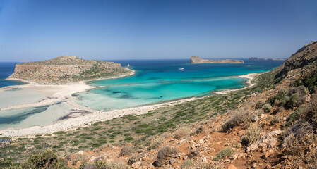 Fototapeta na wymiar Panorama of Balos Beach on Crete, breathtaking landscape of the sea