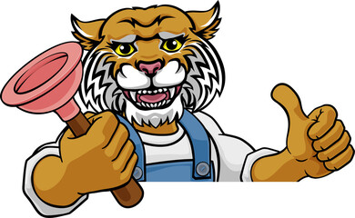 Wildcat Plumber Cartoon Mascot Holding Plunger