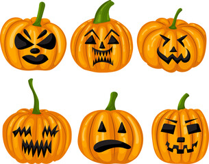pumpkins for halloween set in flat style, vector
