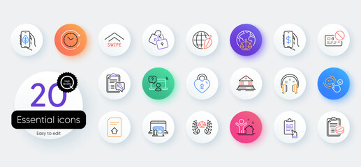 Simple set of Justice scales, Ecology app and Upload file line icons. Include Medical prescription, Court building, Headphones icons. Locks, Card, Magistrates court web elements. Vector