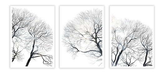 Wall art: tree and abstract texture. Interior triptych. Mixed media: gouache, watercolour, acrylic, digital. 