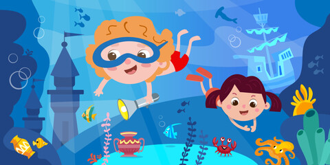 Children dive and swim with sea creatures underwater. Sea castle, sunken ship and treasure. Full color banner, modern cartoon style scene. Vector illustration. 