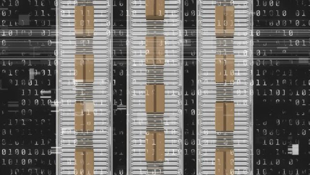 Animation of binary codes and glitch technique over cardboard boxes moving on conveyor belt