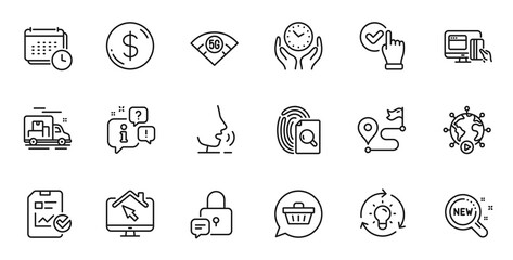 Outline set of Dollar money, New products and Calendar line icons for web application. Talk, information, delivery truck outline icon. Include Journey, Checkbox, Lock icons. Vector