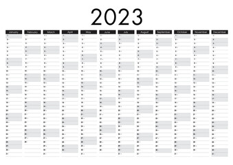 2023 Yearly planner. Horizontal Wall calendar design template. Annual worldwide printable wall planner, diary, activity template - with dates, days of the month and space for personal notes. - Vector