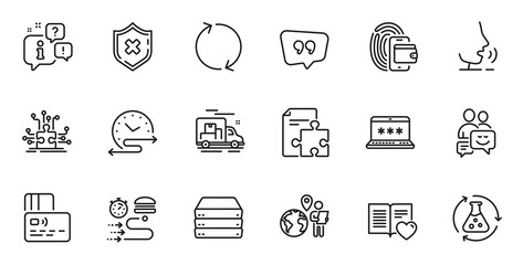 Outline set of Chemistry experiment, Puzzle options and Servers line icons for web application. Talk, information, delivery truck outline icon. Include Wallet, Love book, Communication icons. Vector