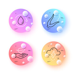Corn, Thunderstorm weather and Leaf minimal line icons. 3d spheres or balls buttons. Cold-pressed oil icons. For web, application, printing. Fresh vegetable, Thunder bolt, Plant care. Vector
