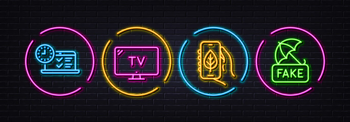 Online test, Tv and Ecology app minimal line icons. Neon laser 3d lights. Fake news icons. For web, application, printing. Examination, Television, Smartphone with leaf. Umbrella secure. Vector