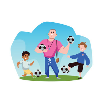 Coach And Kids Playing Football In PE Class, Flat Vector Illustration Isolated.