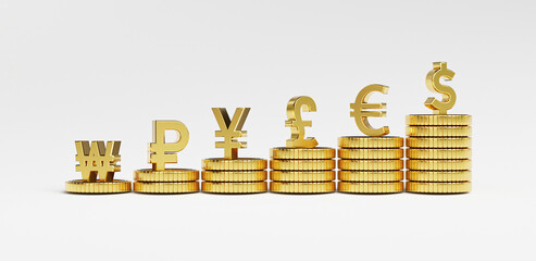 Isolate of main currency on increasing golden coin stacking include dollar euro pound sterling yen yuan and won on white background for currency exchange concept by 3d rendering.