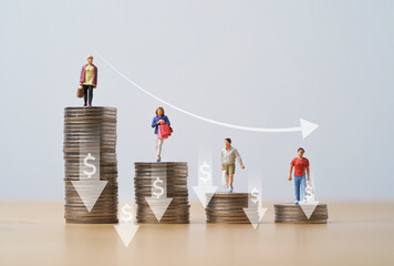Shopper miniature figure standing on decreasing coins stacking and down arrow for income reduce to make power of purchasing deduction from inflation crisis concept.