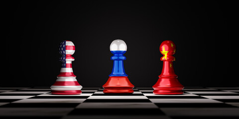 USA Russia and China flag print screen to pawn chess on chessboard with dark background for big three countries military war  political conflict by 3d render. - obrazy, fototapety, plakaty