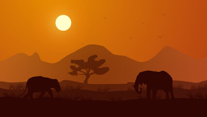 Fototapeta na wymiar Africa nature landscape with silhoutte animals flat illustration