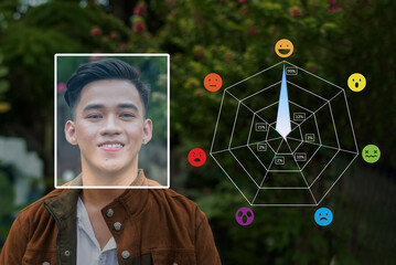 Emotion recognition AI or affective computing concept. Computer vision technology analyzing facial cues and expressions of a smiling young man to assess emotional state probability. - obrazy, fototapety, plakaty
