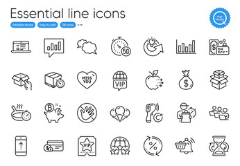 Web lectures, Do not touch and Payment method line icons. Collection of 5g internet, Electronic thermometer, Analytical chat icons. Vip ticket, Delivery man, Messenger web elements. Vector