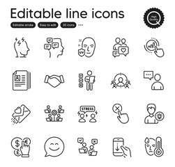 Set of People outline icons. Contains icons as Reject click, Messages and Users chat elements. Money currency, Person idea, Business targeting web signs. Scroll down, Fever, Teamwork elements. Vector